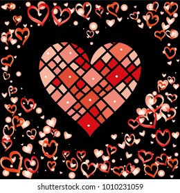 Hearts shaped frame or border Valentines day background with random hand drawn falling red hearts isolated on black.