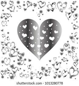 Hearts shaped frame or border Valentines day background with random hand drawn falling silver hearts isolated on white.