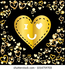 Hearts shaped frame or border Valentines day background with random hand drawn falling golden hearts and "I love you" gift card isolated on black.