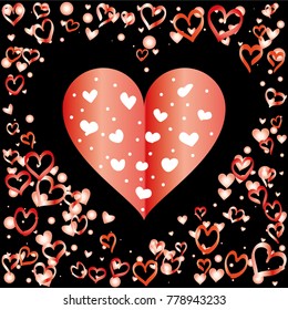 Hearts shaped frame or border Valentines day background with random hand drawn falling red hearts isolated on black.