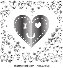 Hearts shaped frame or border Valentines day background with random hand drawn falling silver hearts and "I love you" gift card isolated on white.