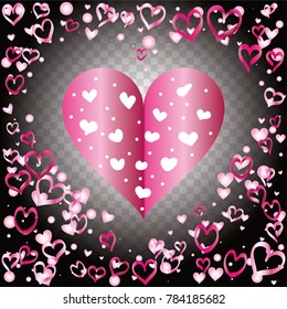 Hearts shaped frame or border Valentines day background with random hand drawn falling pink hearts on transparent background.