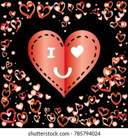 Hearts shaped frame or border Valentines day background with random hand drawn falling red hearts and "I love you" gift card isolated on black.