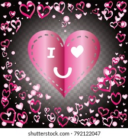 Hearts shaped frame or border Valentines day background with random hand drawn falling pink hearts and "I love you" gift card on transparent background.