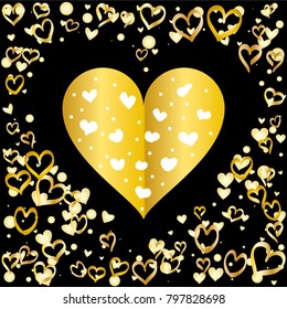 Hearts shaped frame or border Valentines day background with random hand drawn falling golden hearts isolated on black.