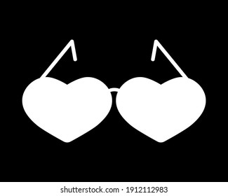 Hearts shaped sunglasses. Isolated vector clipart. White silhouette on clear black background. 