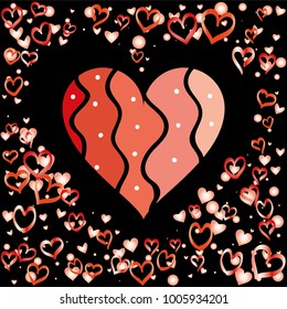 Hearts shaped Valentines day background with random hand drawn falling red hearts isolated on black.