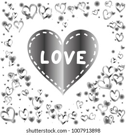 Hearts shaped Valentines day background with random hand drawn falling silver hearts and "Love" gift card isolated on white.