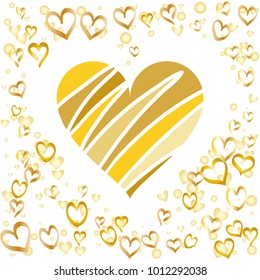 Hearts shaped Valentines day background with random hand drawn falling golden hearts isolated on white.