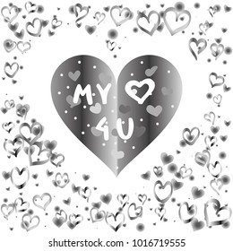 Hearts shaped Valentines day background with random hand drawn falling silver hearts and "My love for you" gift cardisolated on white.