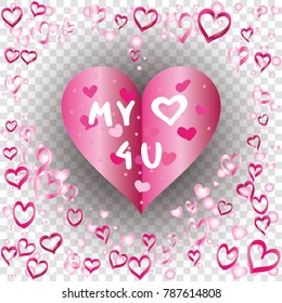 Hearts shaped Valentines day background with random hand drawn falling pink hearts and 