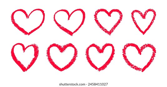 Hearts shapes drawn red lipstick isolated on white background. Romantic design elements