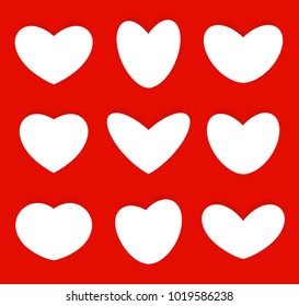 Hearts shapes icons collection, love symbols set vector illustration. Saint Valintines Day isolated abstract red color pattern. Like icon set.