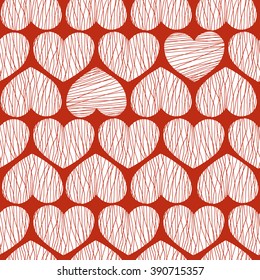 Hearts shapes with lines and red-orange background. Seamless pattern. Vector illustration.