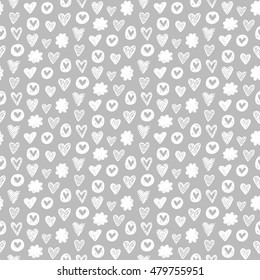 Hearts shapes romantic seamless pattern on grey background. Hand drawn. Wrapping paper, wallpaper, Valentines day gift cards, wedding invitations, fashion textile print. Vector illustration