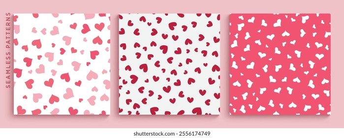 Hearts shapes seamless patterns clipart set. Seamless heart shape clip art collection in pink and red print for wallpaper, valentine's day and gift wrap background. Vector illustration love pattern 