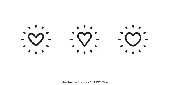 Hearts with shine, love burst symbol. Heart sunshine linear icon set.