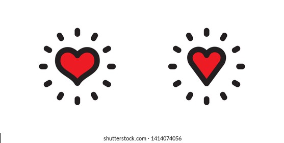 Hearts with shine, love burst symbol. Heart sunshine linear icon set.