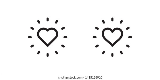 Hearts with shine, love burst symbol. Heart sunshine linear icon set.