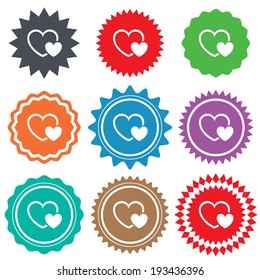 Hearts sign icon. Love symbol. Stars stickers. Certificate emblem labels. Vector