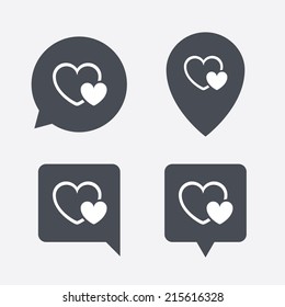 Hearts sign icon. Love symbol. Map pointers information buttons. Speech bubbles with icons. Vector
