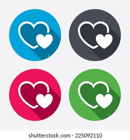 Hearts sign icon. Love symbol. Circle buttons with long shadow. 4 icons set. Vector