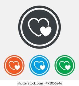 Hearts sign icon. Love symbol. Graphic design web element. Flat hearts symbol on the round button. Vector