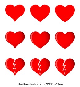 Hearts (simple, shaded and broken) in 3 different shapes. Vector illustration.