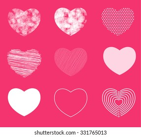 Hearts simple, shaded and broken in 9 different shapes. Vector illustration. hand drawn style. Eps 10 vector illustration