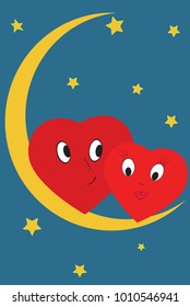 
Hearts sit on the moon in the background of the starry sky. 
Picture in vintage style