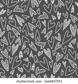 Hearts sketch Fashion Seamless Patterns - for wallpaper, textile, scrapbook, interior. White Hearts on grey background. Scandinavian trend. Backdrop for Postcard of valentine's day.Vector illustration