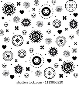 Hearts and skulls decorative black and white seamless pattern