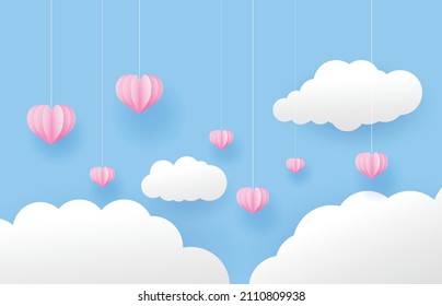 Corazones en el cielo con fondo de nube, día de San Valentín , estilo de arte de papel, ilustración vectorial. 