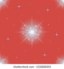 Hearts of snowflakes on a red background. Theme of love, holiday, Christmas, New year. Vector seamless pattern for wrapping paper, fabric, textile