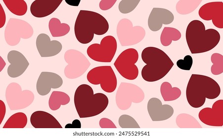 Hearts (Soft Pink, Pink, Red, Wine, Beige, Black) - Repeating Seamless Pattern Vector Image - Easily Editable; Endless Design; Colorful lIlustration - Print for Gift Paper, Packaging, etc.