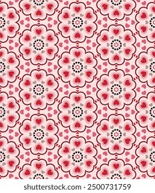 Hearts (Soft Pink, Pink, Red, Wine, Beige, Black) Seamless Pattern - Geometric Shapes; Repeating Vector Image; Easily Editable; Endless Design; Colorful lIlustration - Gift Paper, Packaging, etc.