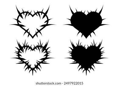 Hearts with spikes in goth, punk, emo style. Set of abstract love logo concept. Neo tribal hearts. Vector illustration isolated on white background.