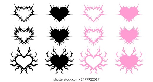 Hearts with spikes in goth, punk, emo style. Set of abstract love logo concept. Neo tribal hearts. Vector illustration isolated on white background.