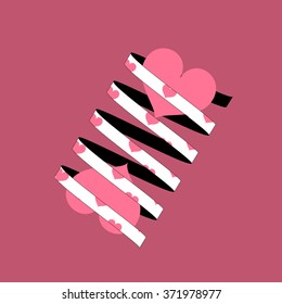 Hearts spin or trap into a black and white coil on pink background. Vector valentines day creative minimal greeting card,decoration
