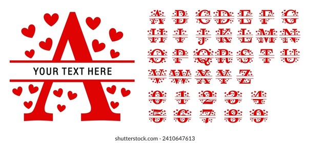 Hearts Split Monogram Letter Set A-Z, Valentines Day Split Font Vector Design, Love Split Alphabet Monogram Letters  