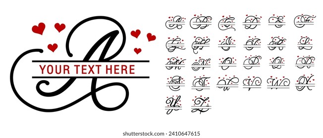 Hearts Split Monogram Letter Set A-Z, Valentines Day Split Font Vector Design, Love Split Alphabet Monogram Letters  