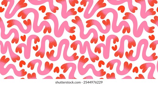 Hearts squiggle shapes seamless repeat vector pattern. Trendy modern organic hand drawn uneven fluid groovy liquid abstract shapes, dotwork stipples shading. Surreal funny Valentine's day background