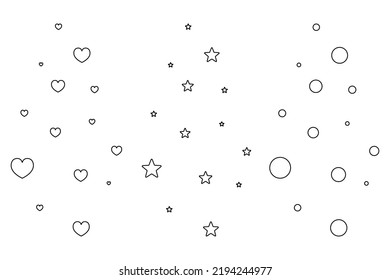 Hearts, stars and bubbles. Rising up vector elements set. Sketches of symbols of love, celestial bodies and round balls. Coloring book for children. Outline on isolated background. Doodle style. 