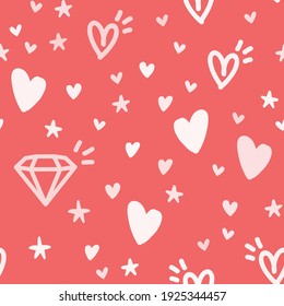 Hearts, stars, crowns and diamond doodles seamless pattern. Cute hand drawn background texture.