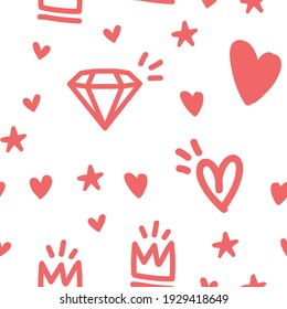 Hearts, stars, crowns and diamond doodles seamless pattern. Cute hand drawn background texture.