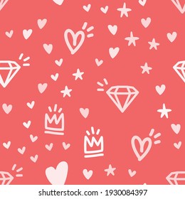 Hearts, stars, crowns and diamond doodles seamless pattern. Cute hand drawn background texture.
