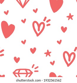 Hearts, stars, crowns and diamond doodles seamless pattern. Cute hand drawn background texture.