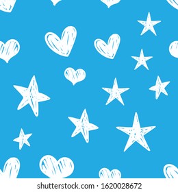 Hearts and stars doodles seamless pattern. Valentine's day decoration background.