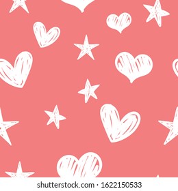 Hearts and stars doodles seamless pattern. Valentine's day decoration background.