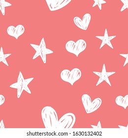 Hearts and stars doodles seamless pattern. Valentine's day decoration background.
